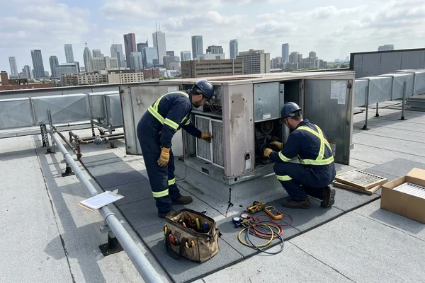 Servicing a dining room rooftop unit on a QSR roof