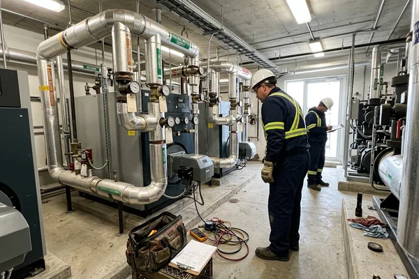 New condensing boilers piped in a boiler room