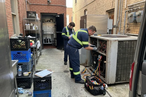 Walk-in condensing unit repair behind a downtown restaurant