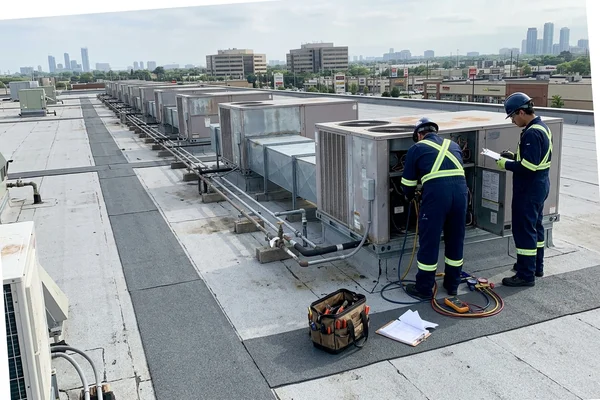 Rooftop units on a retail plaza roof