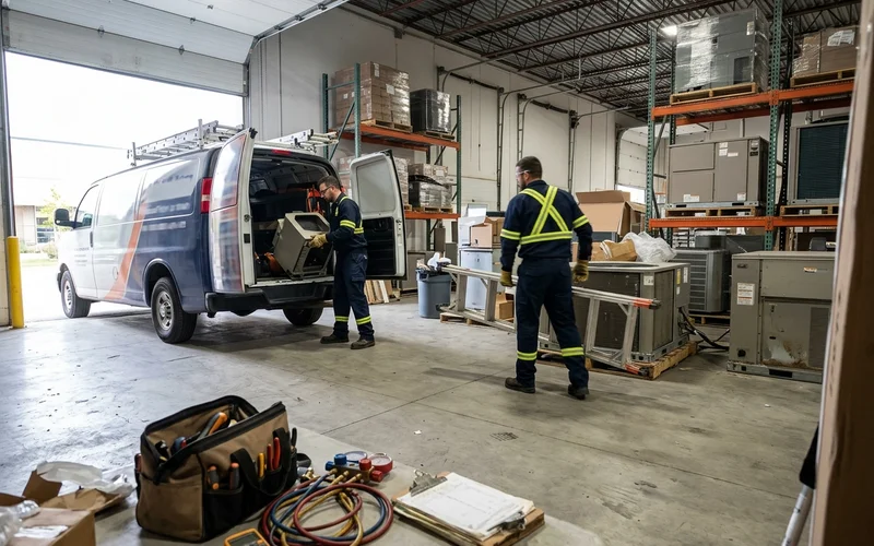 Service van and technicians unloading parts at a commercial site in Markham