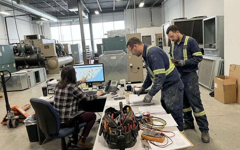 Dispatch desk with technicians collecting work orders
