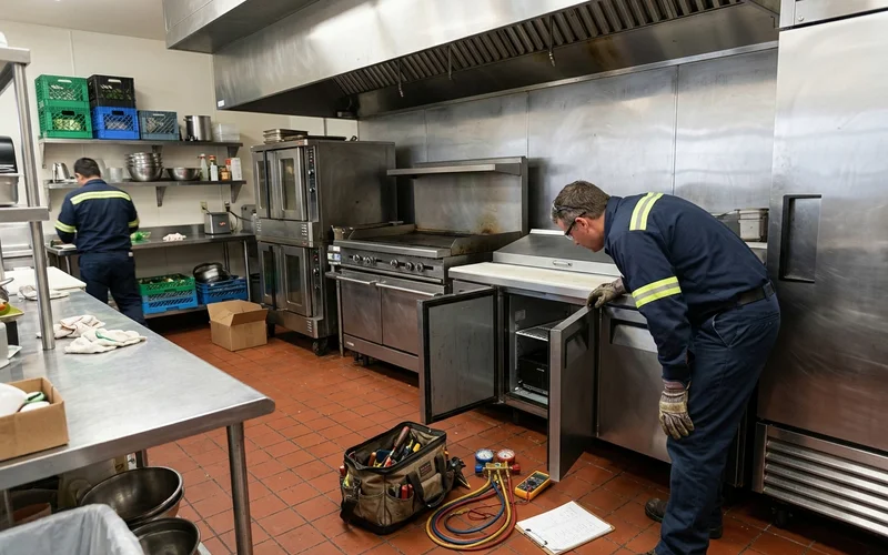 Checking prep table refrigeration under a kitchen hood