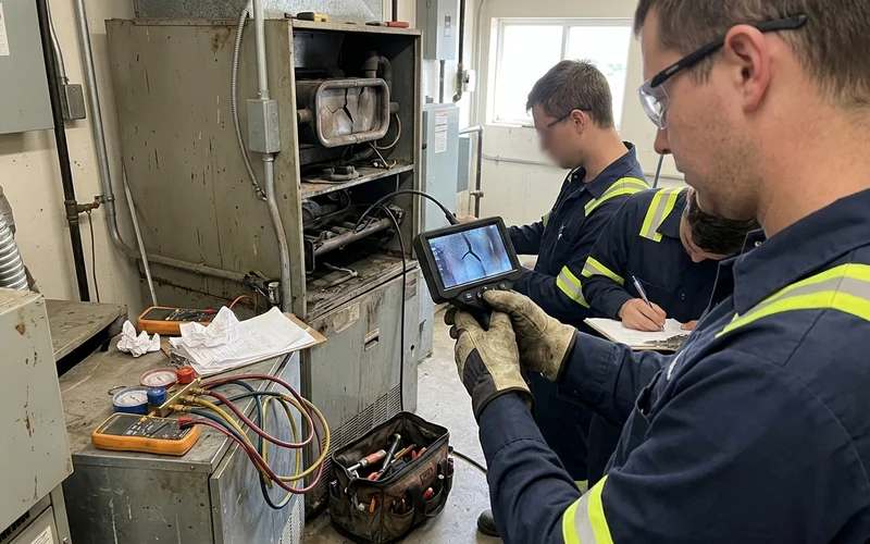 Inspection camera view of a cracked heat exchanger