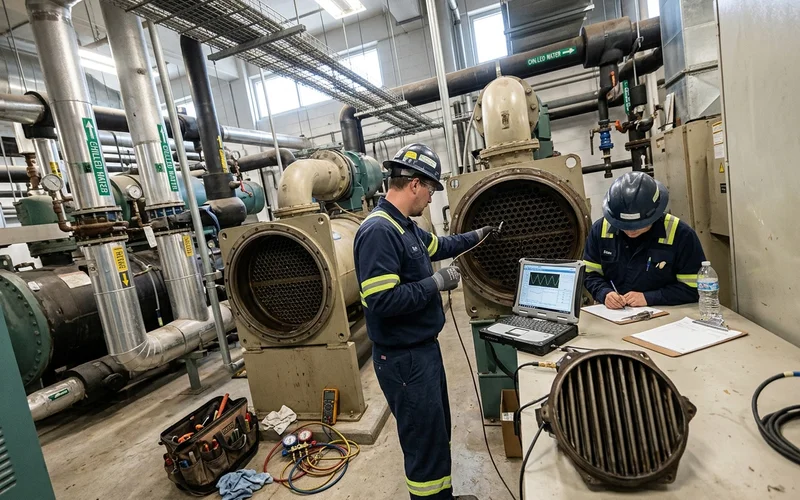 Eddy current tube testing on a chiller evaporator