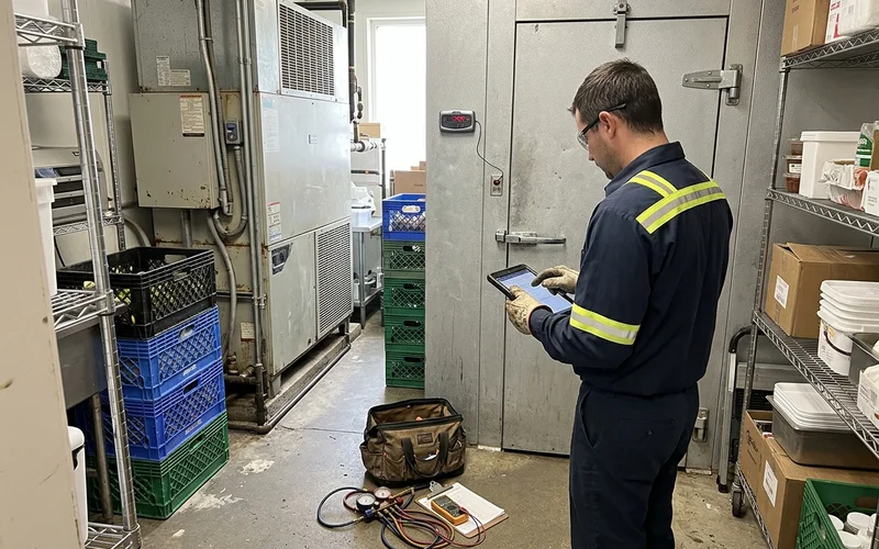 Filling in a refrigeration compliance log beside a walk-in freezer
