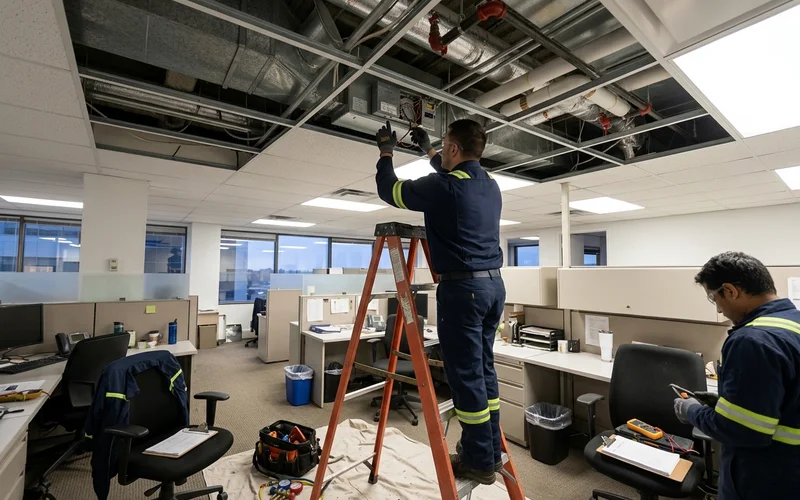 Checking a VAV box controller above an office ceiling after hours