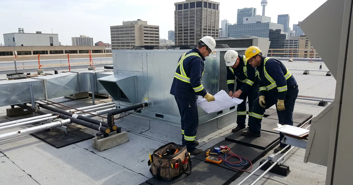 Commercial HVAC crew reviewing drawings beside a new rooftop unit