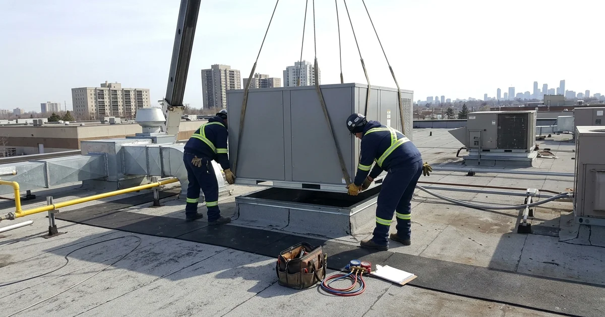 Crane lifting a new rooftop unit onto a Mississauga industrial building