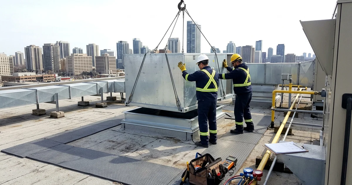 New make-up air unit being set on a North York office tower roof