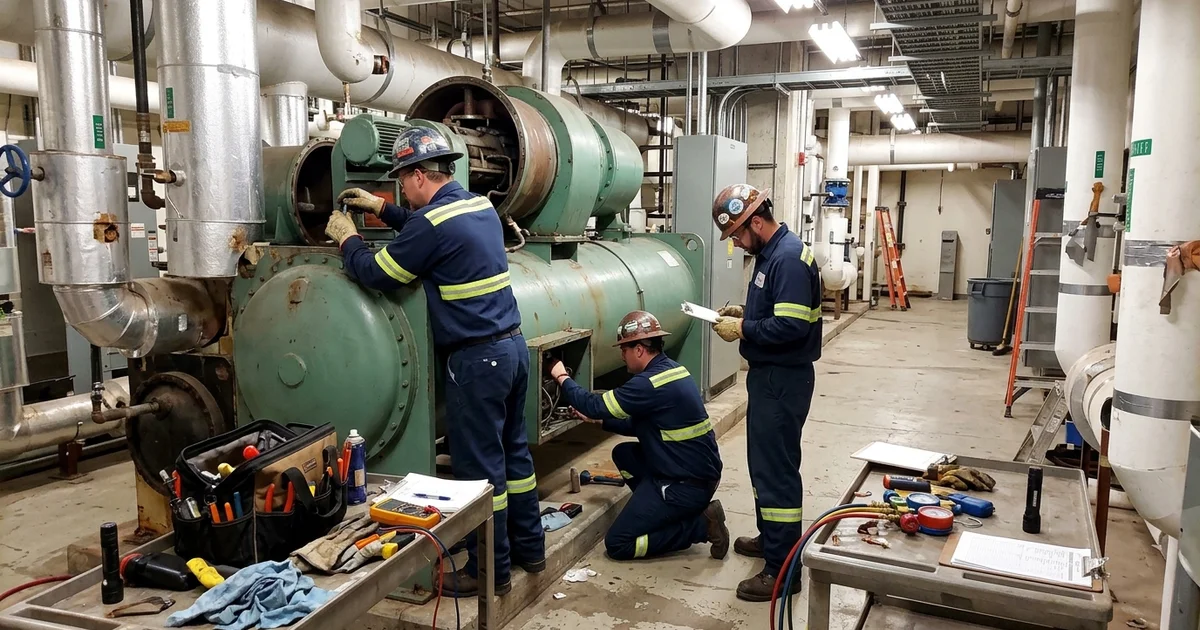 Technicians rebuilding a centrifugal chiller in a Bay Street office tower mechanical room