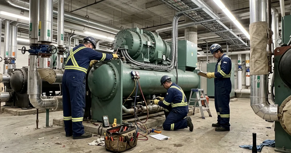 Technicians rebuilding a screw chiller in a downtown Toronto hospital
