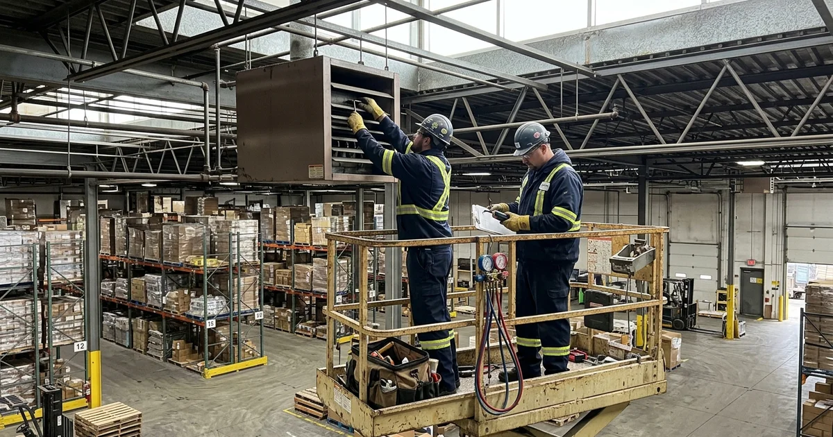 Gas technicians repairing a suspended unit heater in a Scarborough warehouse