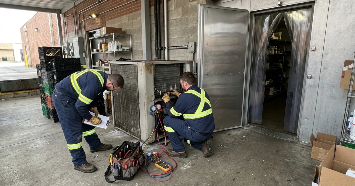 Refrigeration technicians servicing a grocery store condensing unit in Vaughan
