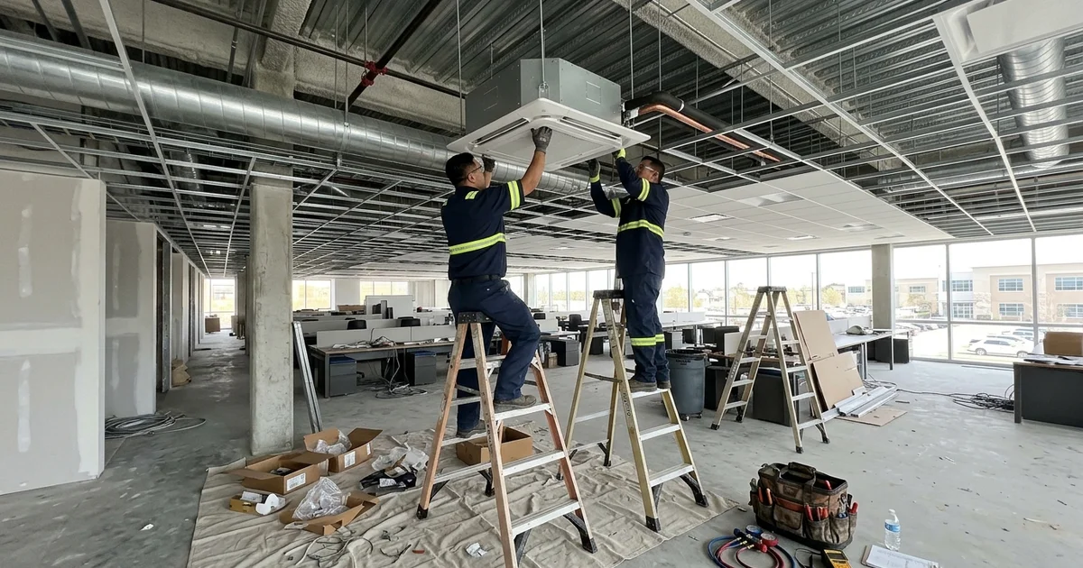 Technicians installing VRF indoor units in a Markham office fit-out