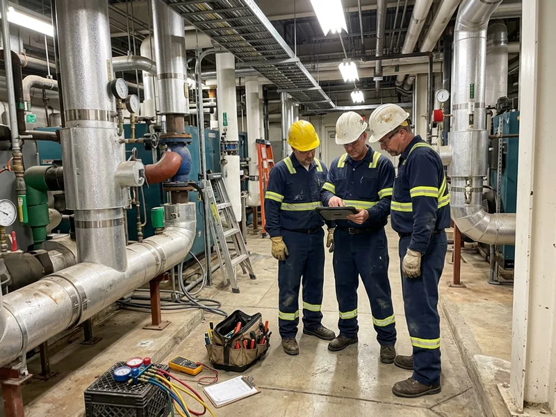 Technicians reviewing a written condition report in a boiler room