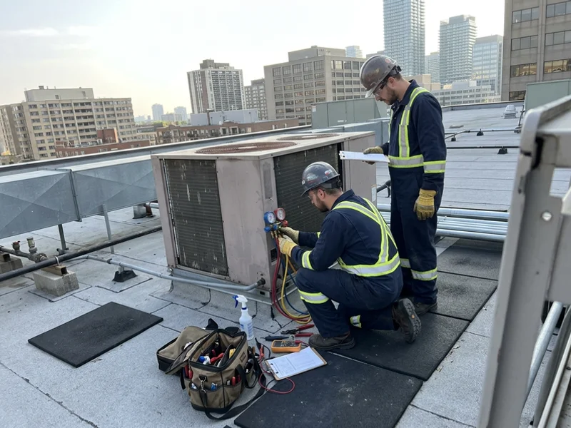 Technicians checking refrigerant gauges on a rooftop condensing unit