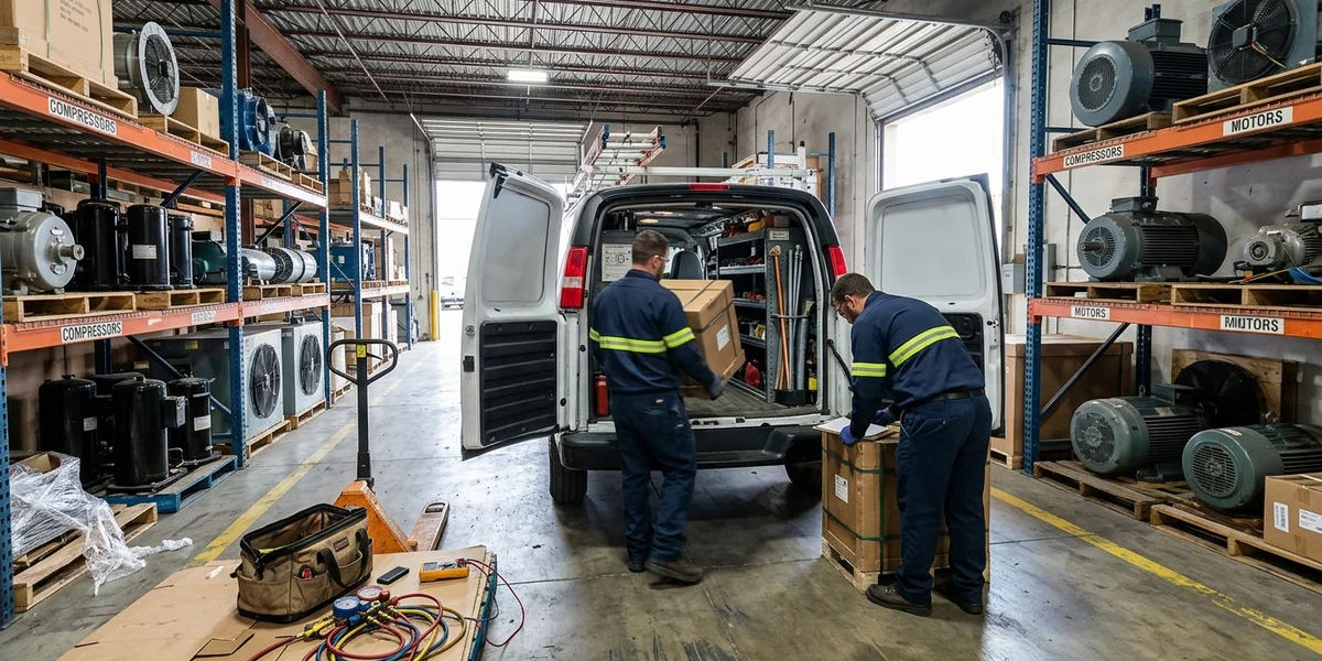 Parts warehouse with technicians loading a service van