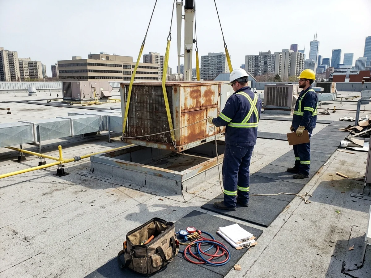 Crane removing an end-of-life rooftop unit from a Toronto retail plaza