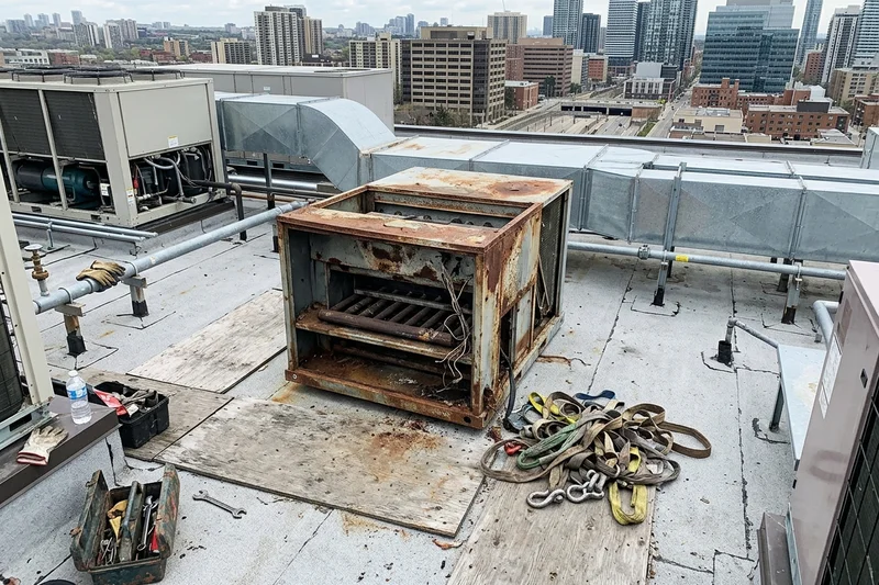 Old make-up air unit burner section after removal