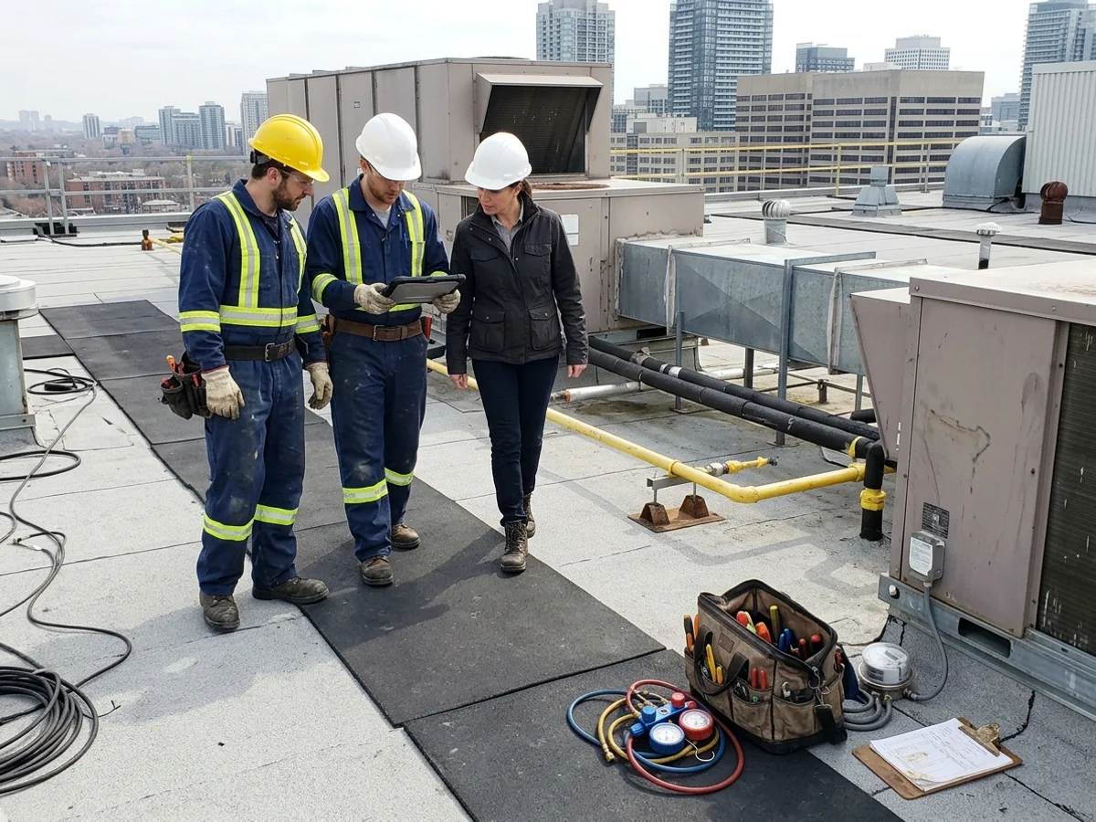 Property manager and technicians reviewing rooftop unit condition data on a commercial roof
