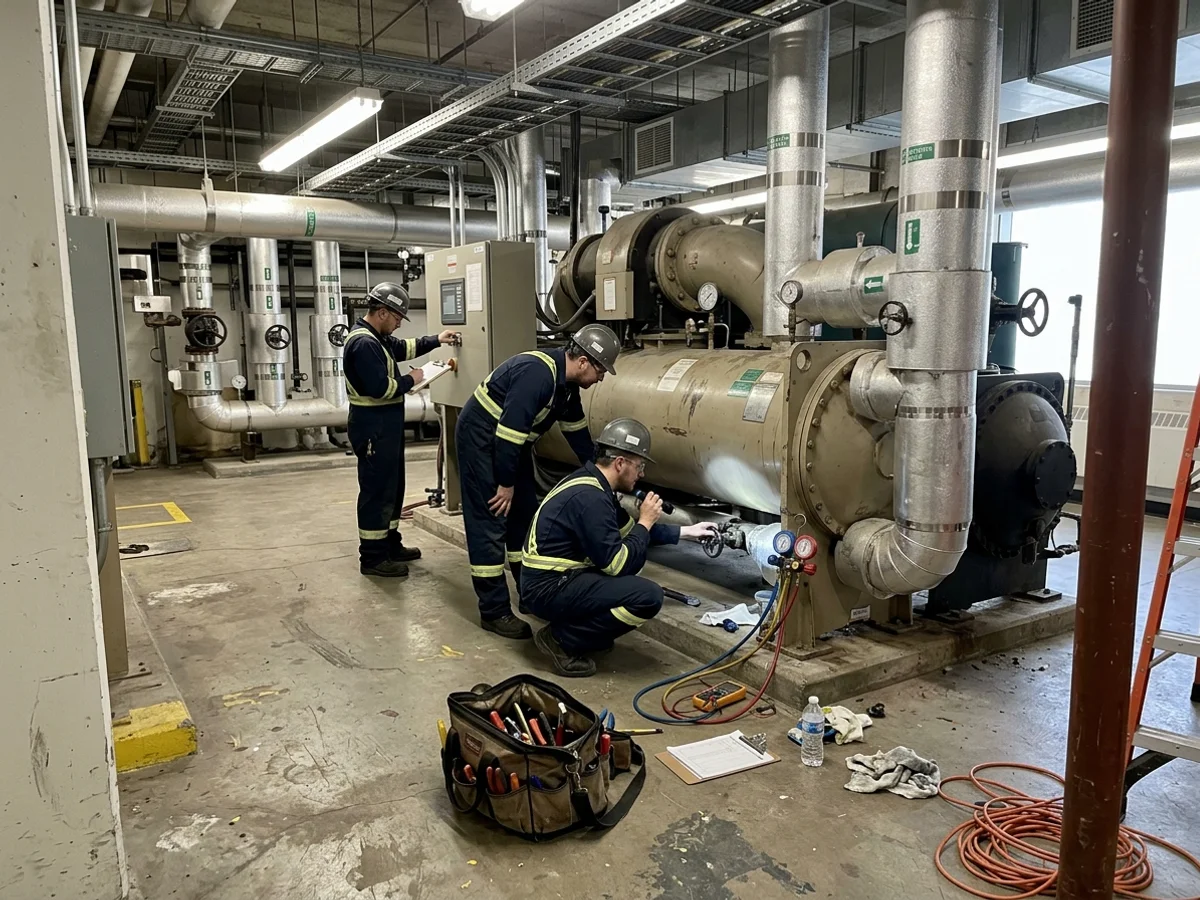 Chiller technicians working on a centrifugal chiller in a Toronto tower mechanical room