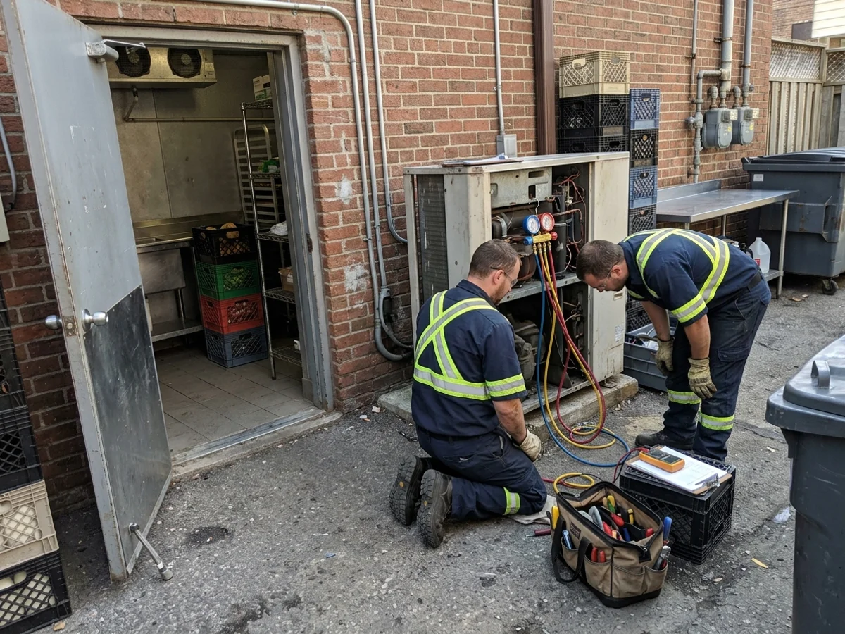 Refrigeration mechanics repairing a condensing unit behind a Toronto restaurant