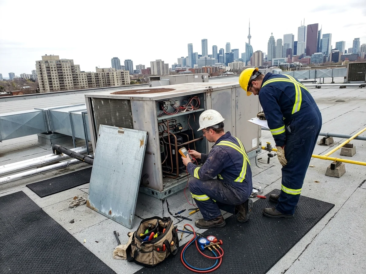 Two technicians diagnosing a rooftop unit on a Toronto office roof