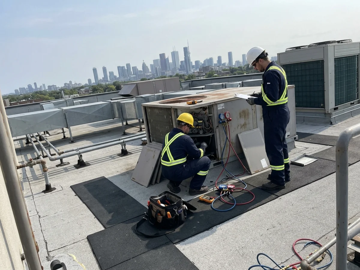 Commercial HVAC technicians servicing rooftop equipment in Markham