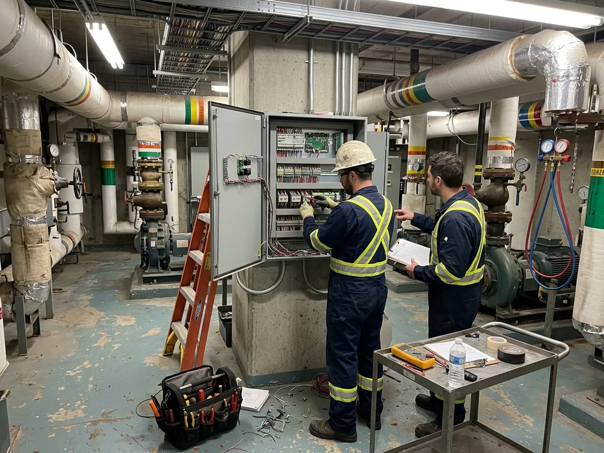 Controls technicians wiring a building automation panel in a Toronto tower