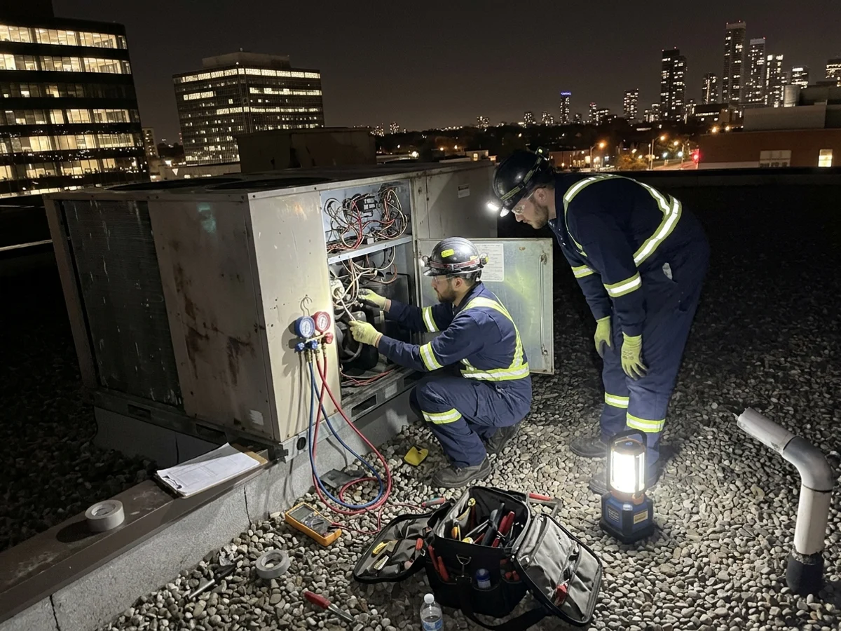Emergency technicians working on a rooftop unit at night in Toronto