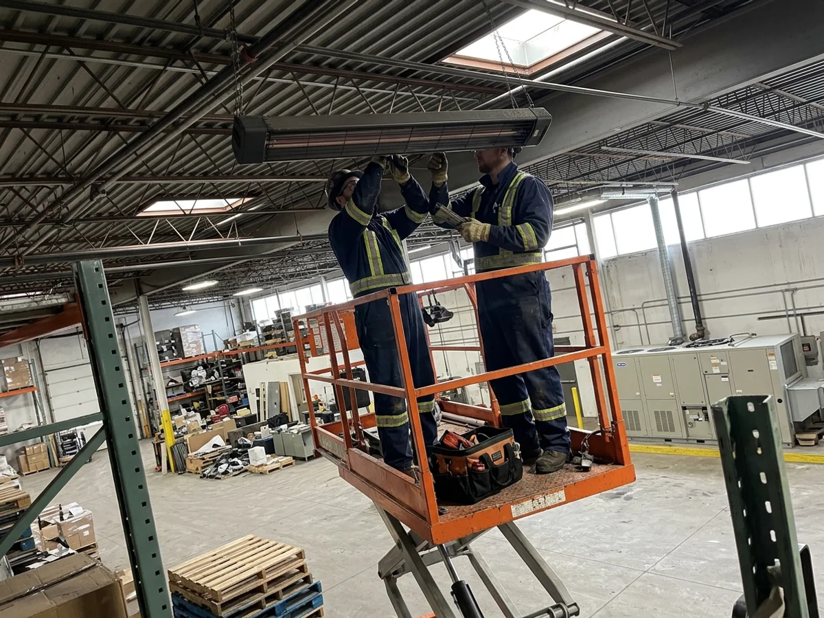 Gas technicians repairing a radiant tube heater inside a Toronto warehouse