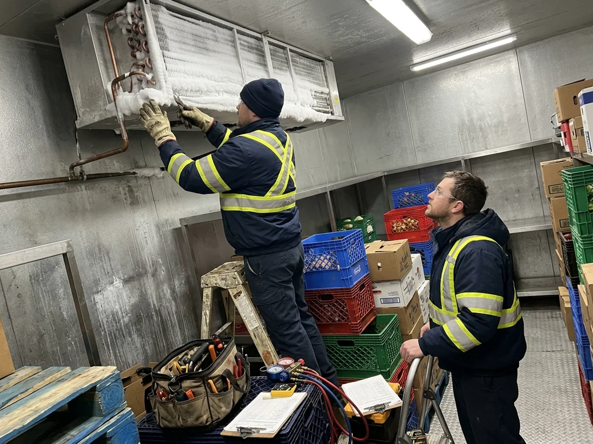 Technicians repairing an iced evaporator inside a walk-in freezer