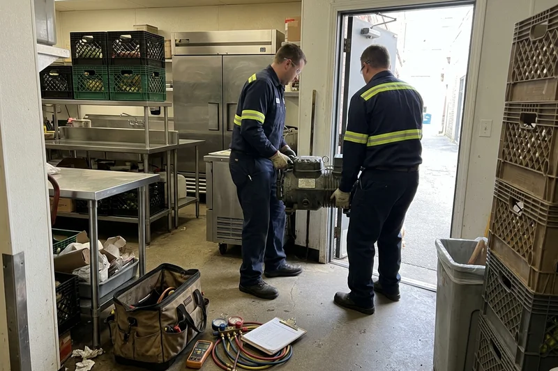 Carrying a replacement compressor through a rear lane