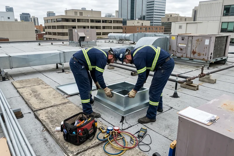 Technicians fitting a roof adapter before setting a new RTU