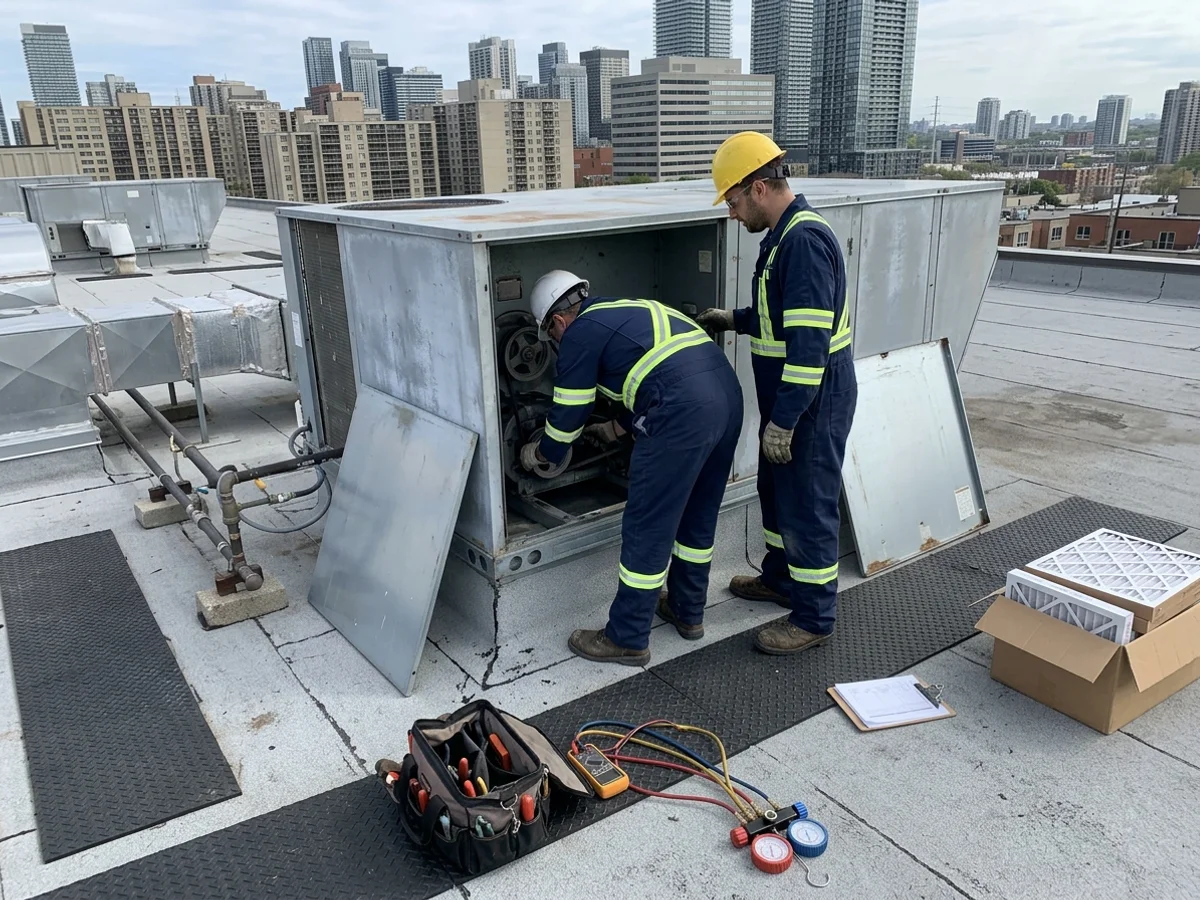 Technicians changing filters inside a rooftop unit during a quarterly maintenance visit