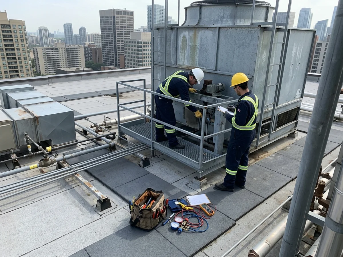 Technicians inspecting a cooling tower fan deck on a downtown Toronto roof