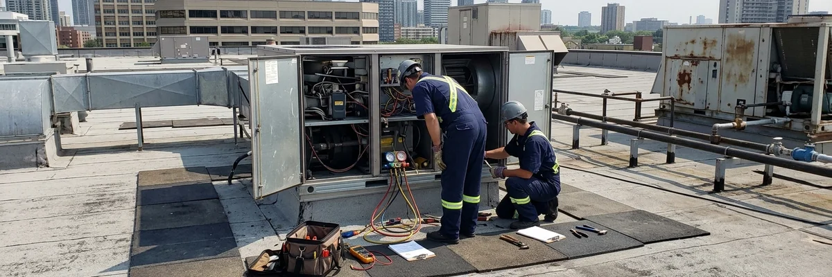 Technicians repairing a rooftop unit on a Toronto commercial roof