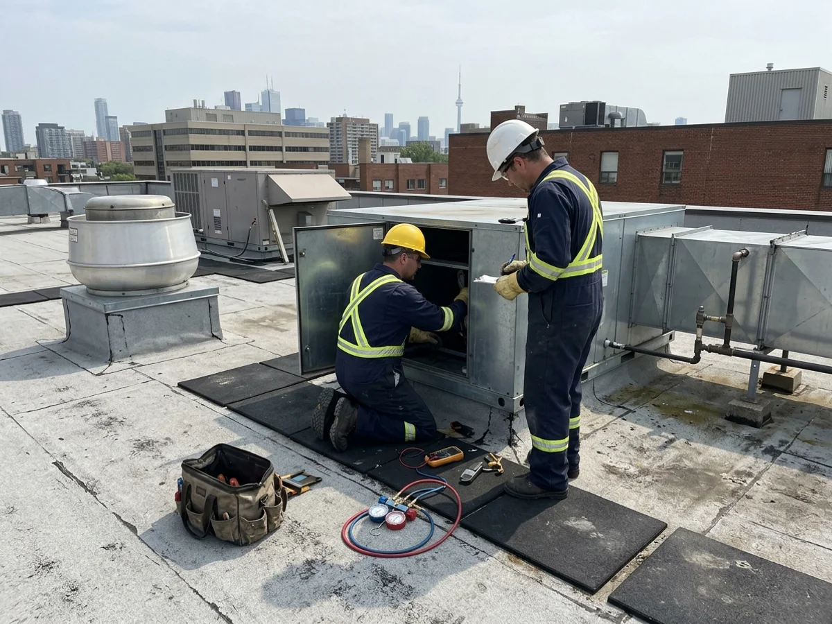 Technicians servicing make-up air and rooftop units on a Toronto restaurant roof