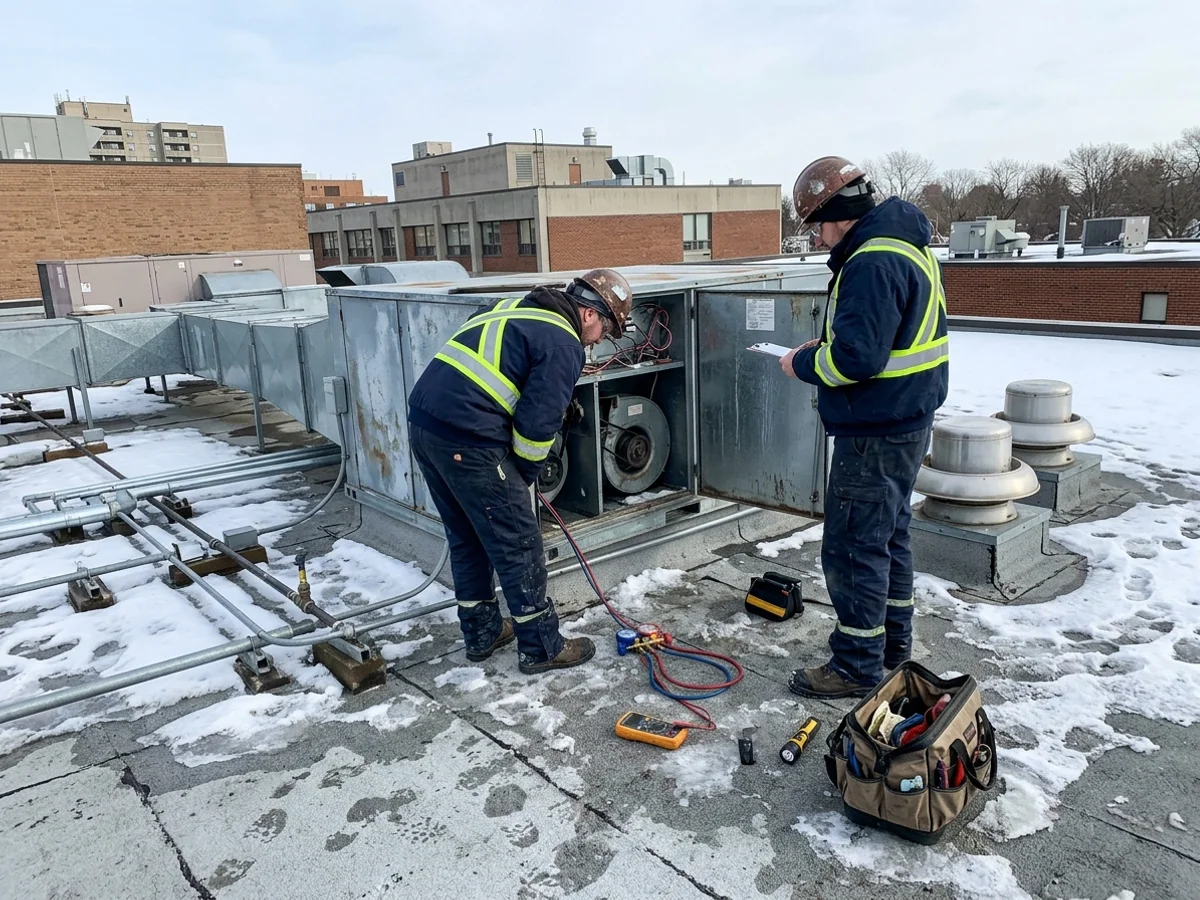 Technicians servicing a restaurant make-up air unit next to kitchen exhaust fans