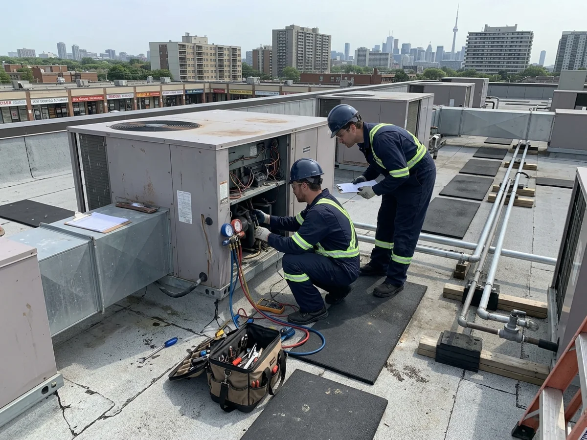 Technicians servicing rooftop units above a Toronto strip plaza