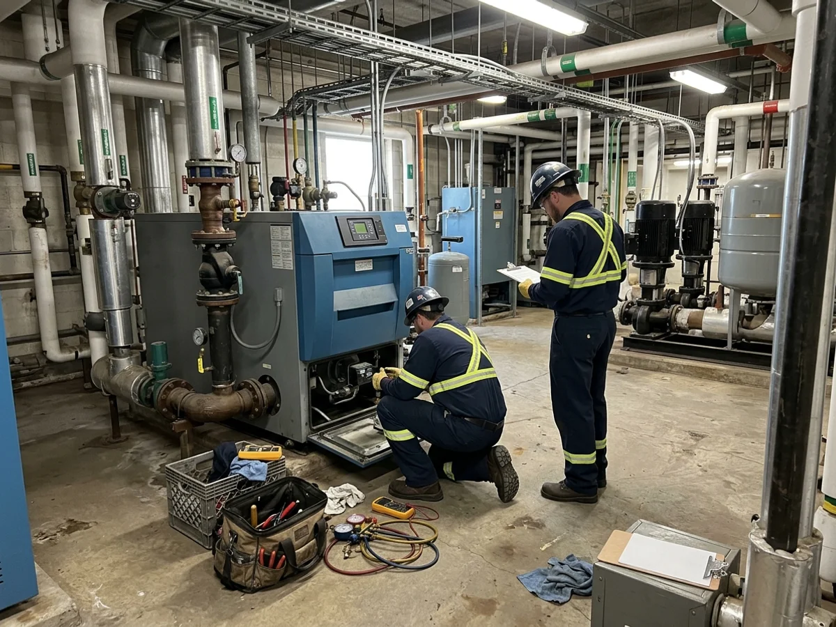 Gas technicians repairing a condensing boiler in a Toronto commercial boiler room